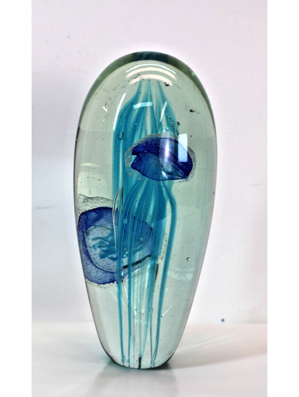 Handblown Paperweight Blue Jelly Fish 6.5" Beach Nautical Ocean VGC